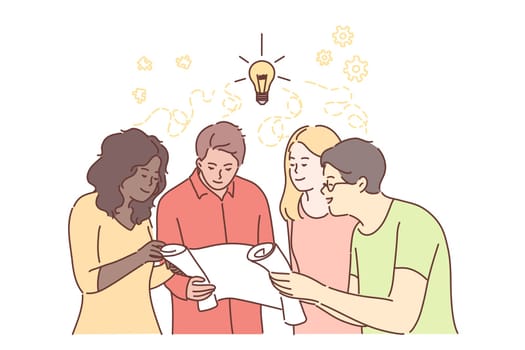 Teamwork, coworking, business, analysis, meeting, discussion concept. Team of businessmen women clerks managers coworkers negotiating working in office. Collective idea creation and brainstorming.