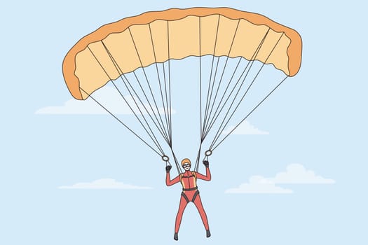 Extreme sports and activities concept. Parachutist in sport costume flying on sports parachute feeling adrenaline and freedom in sky vector illustration