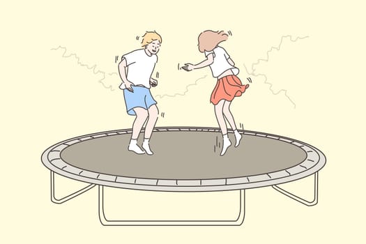 Recreation, jumping children concept. Cartoon characters young happy boy girl brother sister kids friends bouncing on trampoline. Summer leisure time activity and having fun at weekend or holiday.