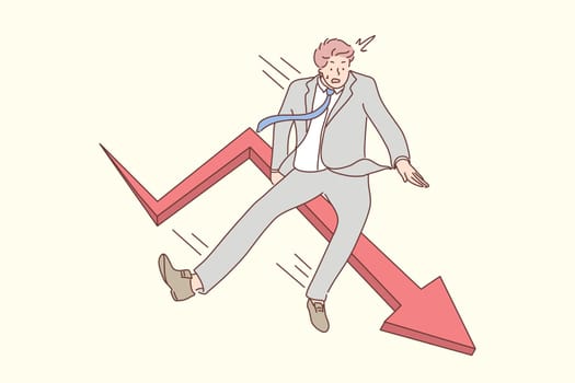 Business, fall, bankruptcy concept. Young scared businessman manager bankrupt cartoon character falling down from red arrow. Economic failure investment and financial stock market crash illustration.