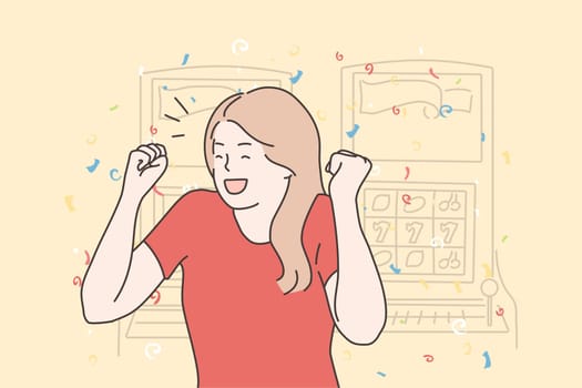Success, game, victory, gambling concept. Happy cheerful excited young woman girl winner character gambler enjoying jackpot prize in casino slot machine. Goal achievement lucky winning illustration.