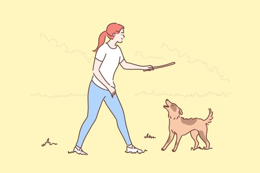 Fun, recreation, playing, friendship concept. Young smiling woman girl cartoon character walking with happy dog friend on summer countryside throwing stick. Leisure time activity pet love illustration