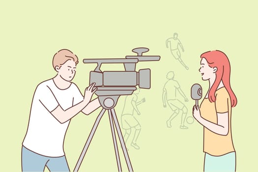 News, reportage, journalism, sport concept. Young team woman reporter journalist man operator cartoon characters broadcasting football match in stadium. Interviewing competition and recording video.
