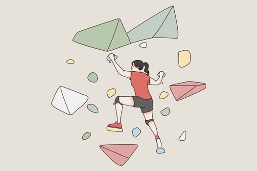 Extreme sports and active lifestyle concept. Young woman cartoon character climbing artificial hill step by step feeling excited to achieve aim vector illustration