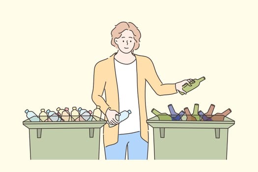 Ecology, recycling, reuse, zero waste, care concept. Young man boy cartoon character sorting garbage and puttting glass rubbish in trash bin dumpster or container. Saving planet and ecological support