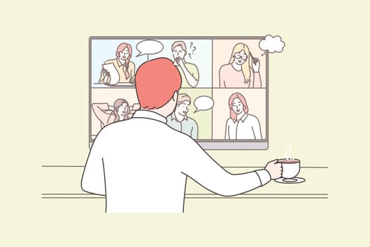 Business, online, conference, meeting, communication concept. Businessman boss manager cartoon character communicating with employess colleagues online. Remote working process during covid19 lockdown.