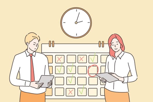 Time management, multitasking, planning teamwork, business concept. Businessman woman manager stand near calendar. Organization of working process for effective productivity. Job schedule optimization