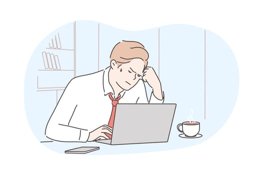 Business, frustration, mental stress, depression, work concept. Young depressed stressful frustrated businessman clerk manager working at office uses laptop. Overwork and negative emotions or headache