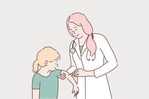Health, care, vaccination, medicine, coronavirus, infection concept. Young woman doctor injecting vaccine shot to child kid girl from covid19 desease. Nursing and flu preventive measures illustration.