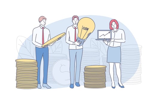 Business, idea, profit, money, analysis concept. Young team of businessmen woman clerks managers earning coins or making financial investments. Growth of income and raising capital assets illustration