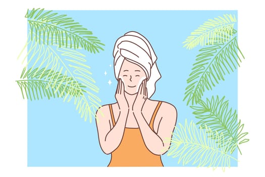 Beauty, skincare, health, care, makeup concept. Young happy smiling woman cartoon character using testing natural organic cosmetic products. Eco lotion foam cream applying advertising illustration.