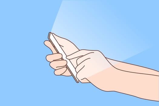 Media, network, addiction, technology concept. Social network life on your phone. Hand holding using smartphone for online communication or wasting time by hanging on mobile platforms illustration.