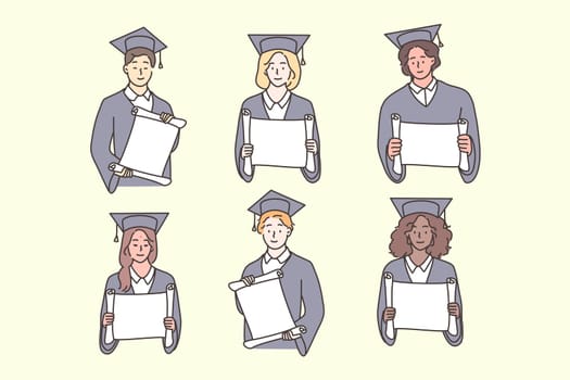 Studentship, graduation, diploma, multiethnicity set concept. Multiethnic african american chinese boys girls students in academic cap gown graduate from university. Multiracial people with banners.