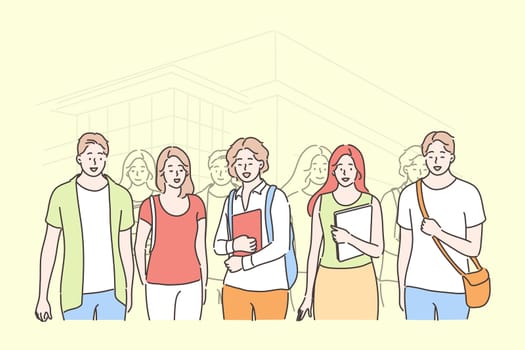 Education, study, friendship, meeting, university concept. Group of young men women boys girls college students friends with textbooks standing together looking at camera. Studentship illustration.