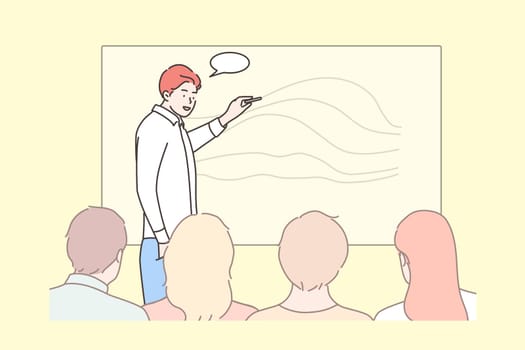 Business, education, presentation, meeting, conference, training concept. Young businessman clerk manager leader boss presentating corporate plan to audience. Company briefing and discussion analysis.
