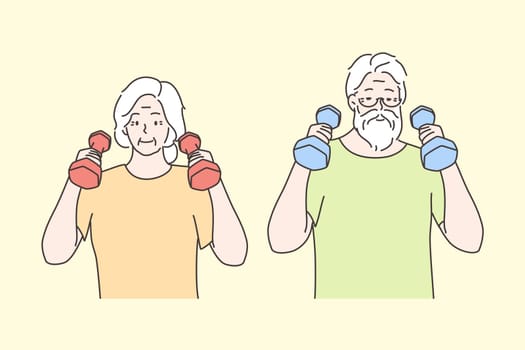 Sport, recreation, health, care, workout concept. Happy elderly people man woman senior citizens characters do morning exercises pulling dumbells and gymnastics. Healthy lifestyle active leisure time.
