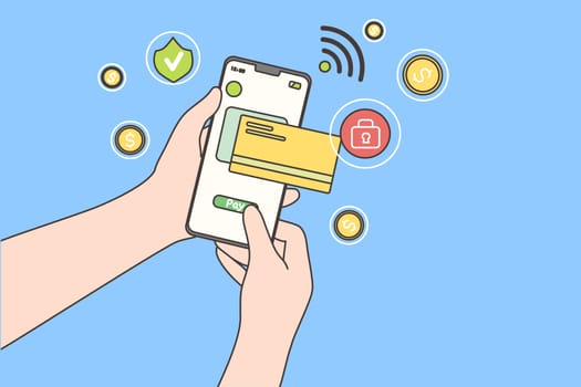 Online payment, technology, shopping, mobile phone concept. Paying by credit card via electronic wallet wirelessly through banking app. Human hand holding smartphone confirmating purchase remotely.