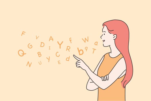 Education, teaching, speech therapy concept. Young happy woman therapist cartoon character articulating on logopedic treatment session. Learning alphabet letters at school or kindergarten illustration