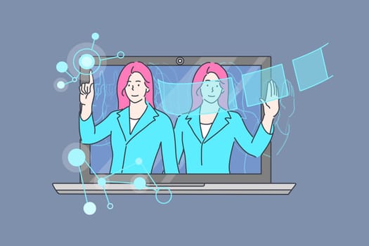 Business, assistance, consultation, artificial intelligence set concept. Virtual businesswoman online assistant cartoon character professionally consulting. Digital AI web technology illustration.