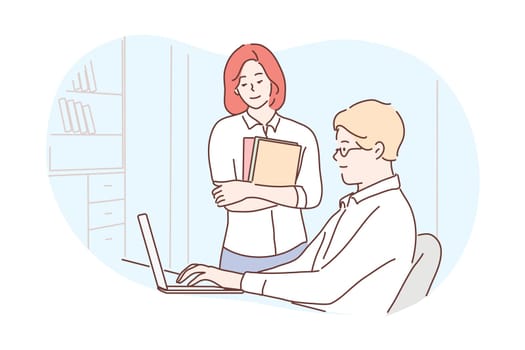 Business, discussion, report, work, team, coworking concept. Young businessman woman clerks managers coworkers cartoon characters working together in office. Financial analysis teamwork illustration.