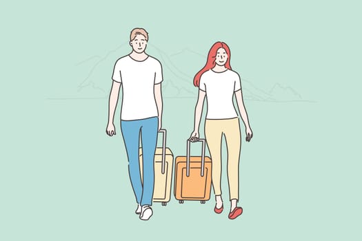 Couple, travelling, tourism concept. Young happy man woman boyfriend girlfriend travelers tourists walk with luggage together. Discovery and exploration or adventure lifestyle recreation illustration.