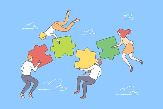 Business, teamwork, collaboration, coworking, partnership concept. Young group of businessmen women managers cartoon characters cooperate together assembling jugsaw puzzles Team building illustration.