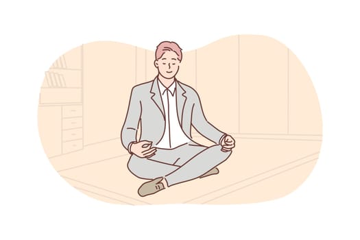 Business, rest, meditation, yoga, relaxation concept. Young calm smiling businessman clerk manager sitting in lotus pose in office. Break during working hours and body health benefits thought process.