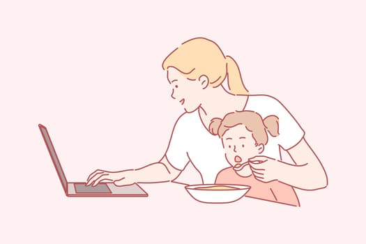 Business, quarantine, coronavirus, motherhood, childhood concept. Busy young mom freelancer working home with laptop feeding hungry child kid daughter. Work on lockdown and stay at home or mothers day