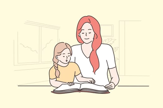 Education, teaching, motherhood, childhood concept. Young woman mom and happy child kid daughter sitting and reading book together in living room. Family remote home study and mothers day illustration