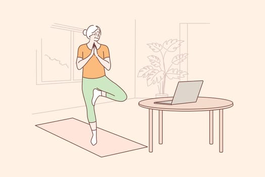 Sport, quarantine, training, education concept. Old woman senior citizen doing stretching balancing yoga exercises at home watching online lesson on laptop. Staying healthy on lockdown illustration.