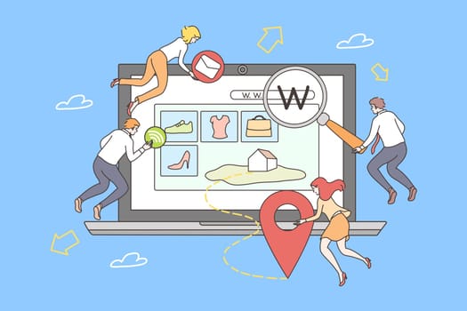 Teamwork, web development concept. Team of young men women programmers cartoon characters coding developing internet design homepage shopping site. IT network project and coworking illustration.