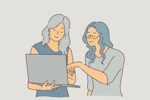 Team, coworking, partnership, discussion, training business concept. Team of young businesspeople businesswomen coworkers partners colleagues discuss project at office together. Teamwork. Flat vector.