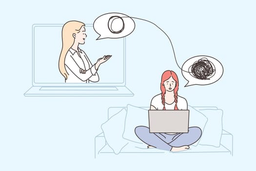 Psychology, health, care, depression, frustration, medicine concept. Woman doctor makes psychological consultation for depressed frustrated patient online. Psychotherapy practice remote help support.
