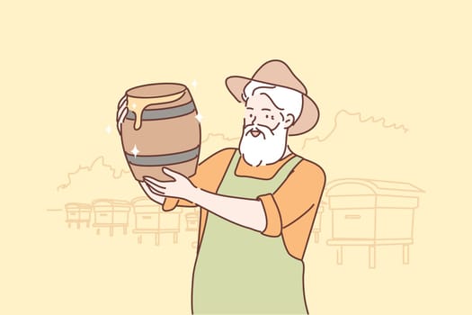 Occupation, beekeeping, honey concept. Old man senior citizen pensioner farmer beekeeper cartton character at apiary holding honey in barrels. Rural hobby and creative job on farmland illustration.