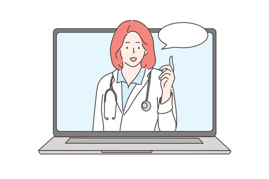 Consultation, medicine, health, care, online, conference concept. Young woman doctor consultant talking online with patient making video call looking at camera. Remote therapy session and examination.