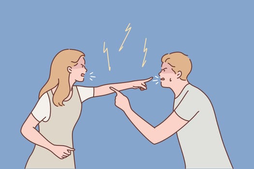 Family, couple, quarrel, divorce, aggression, conflict concept. Young aggressive man boyfriend and woman girlfriend parents yelling and quarrelling. Crisis marriage problem trouble and disagreement.
