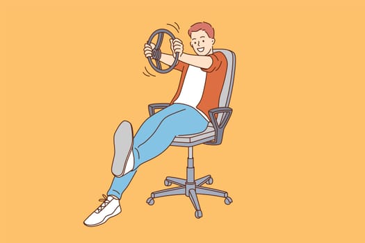 Playing driver and imagination concept. Young smiling boy cartoon character sitting and imagining himself driver holding wheel in hands over yellow background vector illustration