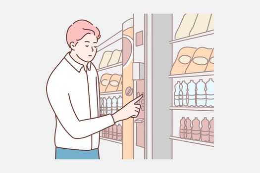Cashless card payment concept. Young businessman boy clerk manager cartoon character customer buying food drinks at electronic vending machine. NFC service, contactless pay technologies illustration.