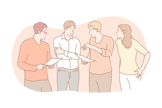 Meeting, coworking, teamwork, discussion, business concept. Team of business people businesswoman men partners collaborate together. Office meeting. Coworkingsis, discussion, planning strategy.