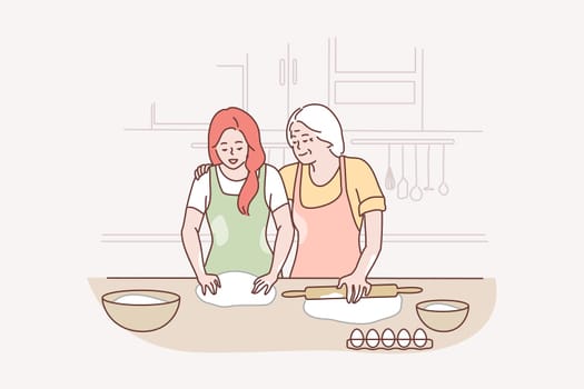 Family, motherhood, cooking, recreation, leisure, love concept. Happy old granny mom young smiling daughter baking in kitchen together kneading dough making cookies or cake. Mothers day illustration.