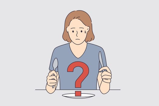 Feeling doubt and insecure concept. Young frustrated woman cartoon character sitting at table with fork and knife looking at plate with red question mark on it vector illustration