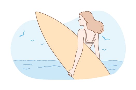Surfing, sport, summer vacation concept. Young happy woman surfer in bikini, girl teenager athlete stands on sea ocean coast with surfboard. Exstreme sport activity. Lifestyle. Summer vacation. Vector