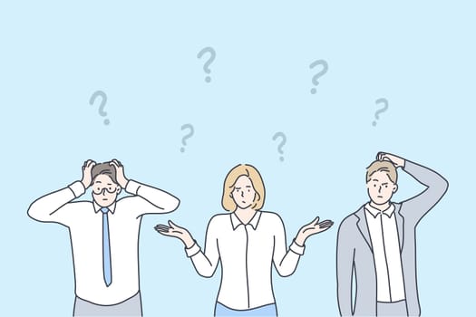 Business, problem, thinking, brainstorming set concept. Group team of confused thoughtful pensive businessmen woman asking questions searching answers and trouble solution. Collective brainstorming.