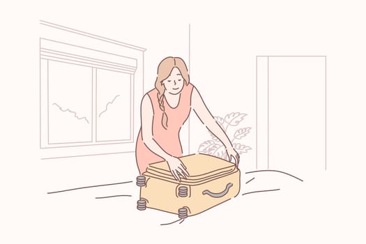 Vacation, tourism, holiday, arrival, hotel concept. Young happy woman or girl traveller tourist packs or unpacking suitcase. Preparation for vacation. Holiday recreation. Hotel arrival or departure.