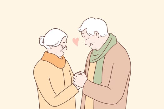 Relationship, love, couple, old age concept. Happy man and woman senior citizens cartoon characters holding hands together. Feeling happy of grandfather and grandmother retirement age illustration.