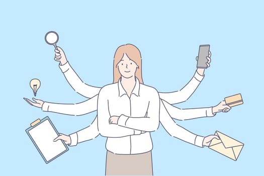 Multitasking, efficiency, overload, professional competence, business concept. Young effective overloaded businesswoman, girl manager leader with many hands. Multitasking. Professional competence.