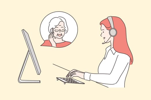 Service, call center, work, communication concept. Young woman operator consultant cartoon character with headset talking with senior citizen old female online. Remote customer support illustration.