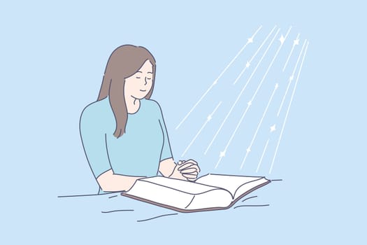 Prayer, blessing, religion, Bible, faith concept. Young happy religious woman or girl prays in room above open Bible. Asking, request. Faith in God drawn in cartoon style. Blessed light. Vector.