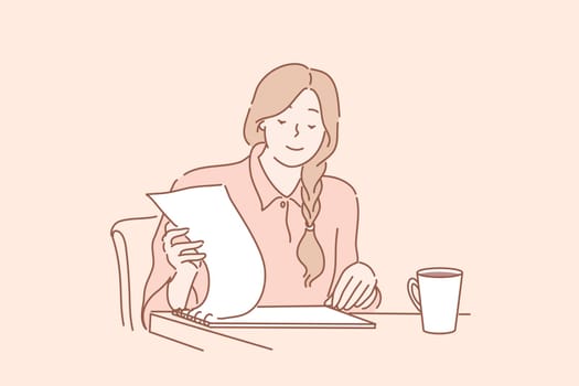 Office clerk reading report, audit, contract, business concept. Young smiling businesswoman clerk manager boss reads, searching, leafs, checks report or contract at office.
