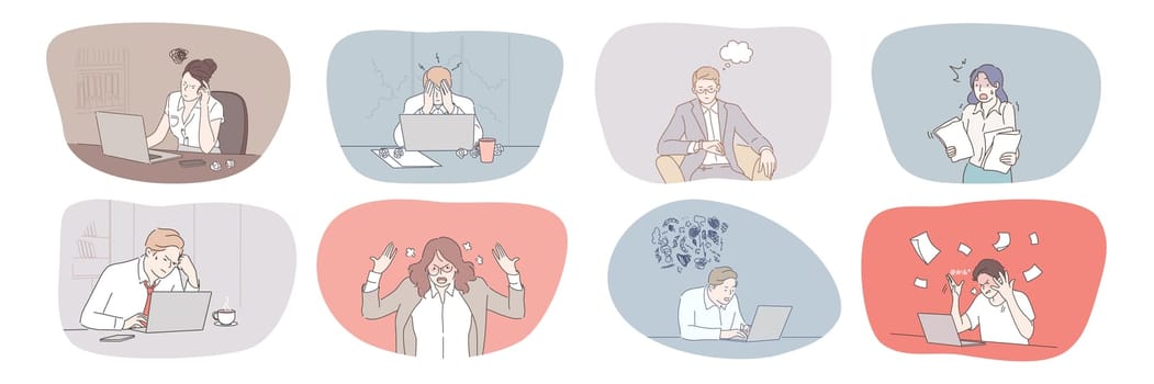 Business, face, expression, emotion, mental stress, frustration, depression, deadline, panic set. Collection of frustrated depressed businessmen women overworking in office having nervous breakdown.